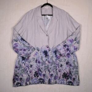Coldwater Creek Grey Printed Linen Blazer Size 3X Watercolor Floral Jacket NWOT